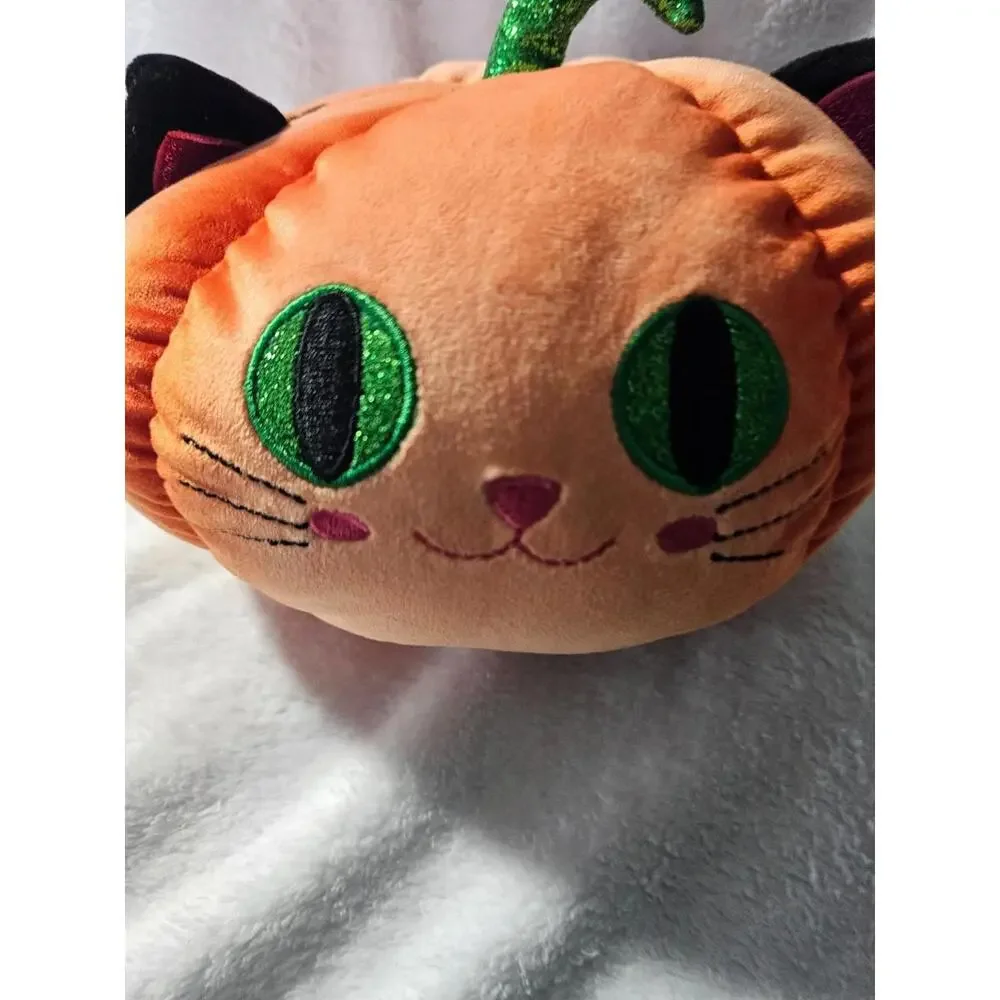 Hug Fun Kitty Cat Pumpkin Plush Toy Shiny Green Eyes Halloween Fall Decor 6" - Picture 2 of 10